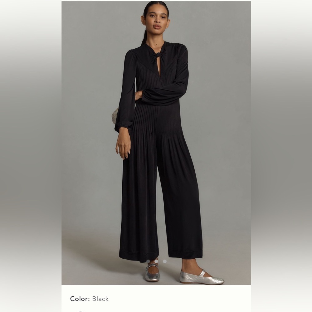 Farm Rio Long Sleeve Knot Jumpsuit Black Pleated Wide-Leg Women’s Small